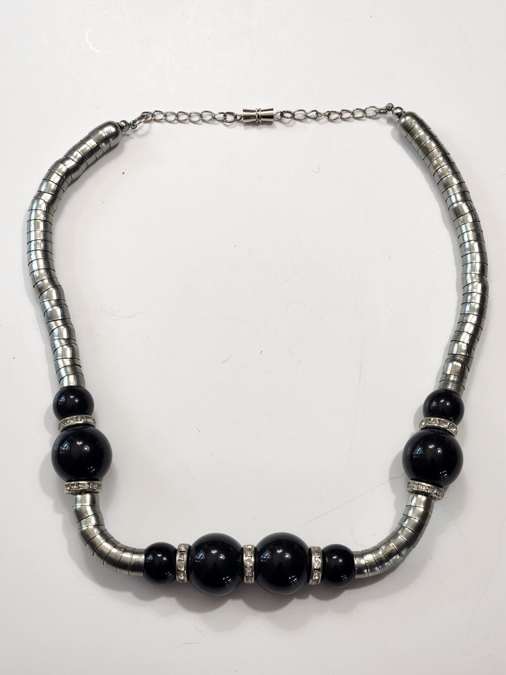Chunky Black Bead Silvertone Segment Link Necklace Rhinestone Accents Art Deco
